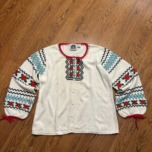 Storybook Knits white knit grandma cardigan sweater flower large FLAWS